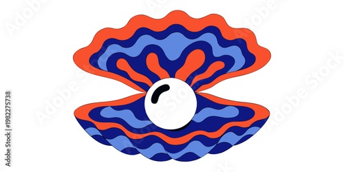 Decorative wave pattern oyster shell containing a white pearl with illustration stylized treasure decorative abstract creative colorful minimalist underwater valuable gemstone precious