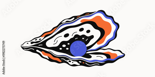 Abstract graphic oyster shell with a blue pearl illustration abstract wildlife gemstone treasure minimalist stylized creature underwater valuable precious colorful creative