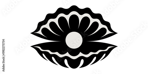 Minimalist black and white oyster shell graphic with pearl illustration minimalist treasure stylized underwater valuable gemstone precious creature wildlife isolated monochrome