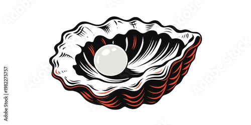 Vintage style engraved oyster shell with a round pearl illustration engraving treasure detailed underwater valuable gemstone precious creature wildlife isolated background monochrome