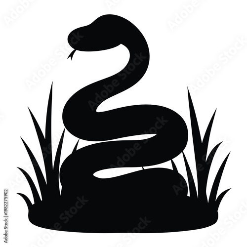 Black silhouette of a snake coiled in grass, ready to strike