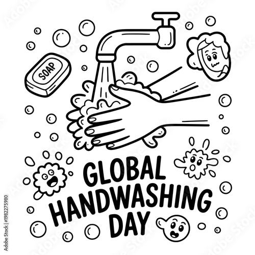 Global hand washing day cartoon illustration with hands and soap.