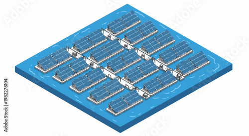 Isometric Floating Solar Farm Illustration for Renewable Energy, Green Technology, and Sustainable Power Generation Concepts