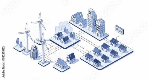 Isometric Smart City Illustration Featuring Renewable Energy Grid, Wind Turbines, and Solar Powered Houses