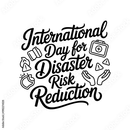 International day for disaster risk reduction typography and first aid kit art.
