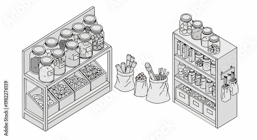 Isometric Zero Waste Bulk Grocery Store Illustration, Sustainable Shopping Line Art with Glass Jars, Wooden Crates, and Reusable Bags for Eco-Friendly Lifestyle Design