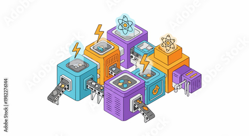 Isometric Automated Smart Factory Illustration for Sustainable Energy Production, Nuclear Power, and Resource Processing Technology