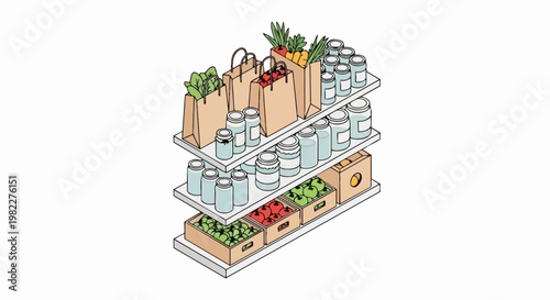 Isometric Illustration of Organized Pantry Shelves with Sustainable Food Storage, Mason Jars, and Fresh Produce