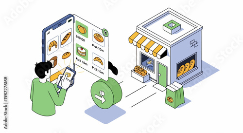 Isometric Vector Illustration of Online Bakery Food Ordering via Smartphone App with Customer and Local Shop Storefront