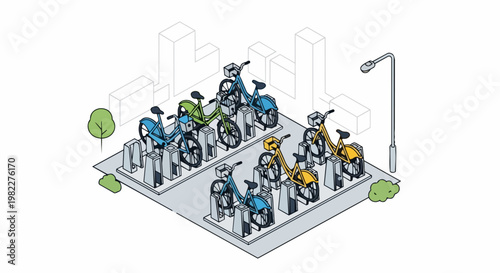 Isometric Illustration of an Urban Bicycle Sharing Station with Rental Bikes in a Smart City
