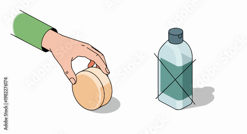 Zero Waste Lifestyle Concept: Hand Picking Solid Soap Bar instead of Plastic Bottle. Eco-Friendly, Sustainable, and Plastic-Free Bathroom Personal Care Illustration.