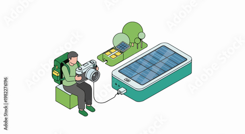 Isometric Illustration of a Photographer Charging a Camera Using a Portable Solar Power Bank, Representing Sustainable Travel and Green Energy