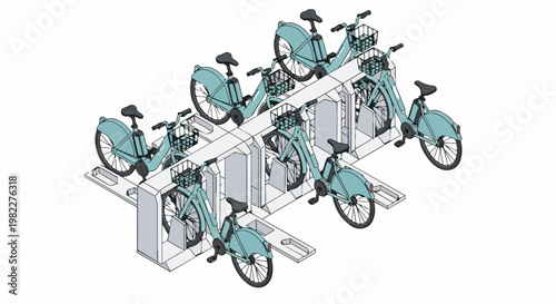 Isometric Illustration of a Modern Electric Bike Sharing Station with Teal E-bikes in Docks, Sustainable Urban Mobility Concept