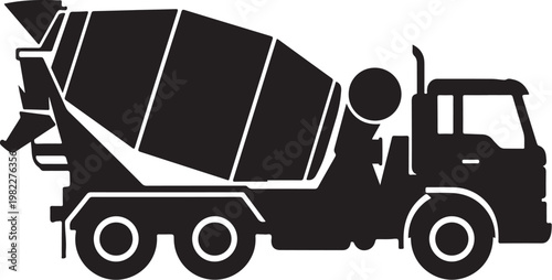 Black silhouette cement mixer truck, construction vehicle icon, industrial transportation, heavy equipment