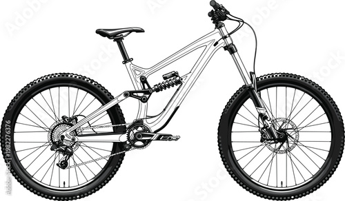 Modern mountain bike vector illustration with full suspension frame hydraulic disc brakes and knobby tires isolated on white background for cycling