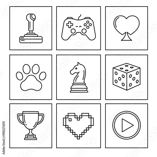 Gaming Icons Set: Joystick, Controller, Dice, Chess, Heart, Paw, Trophy, Spade, Play Button