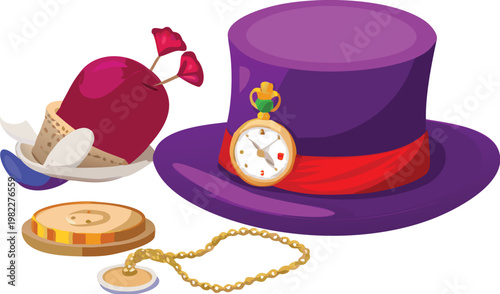 Pixel art illustration of a purple top hat with pocket watch gold chain and teacup on a white background  steampunk  victorian  fantasy