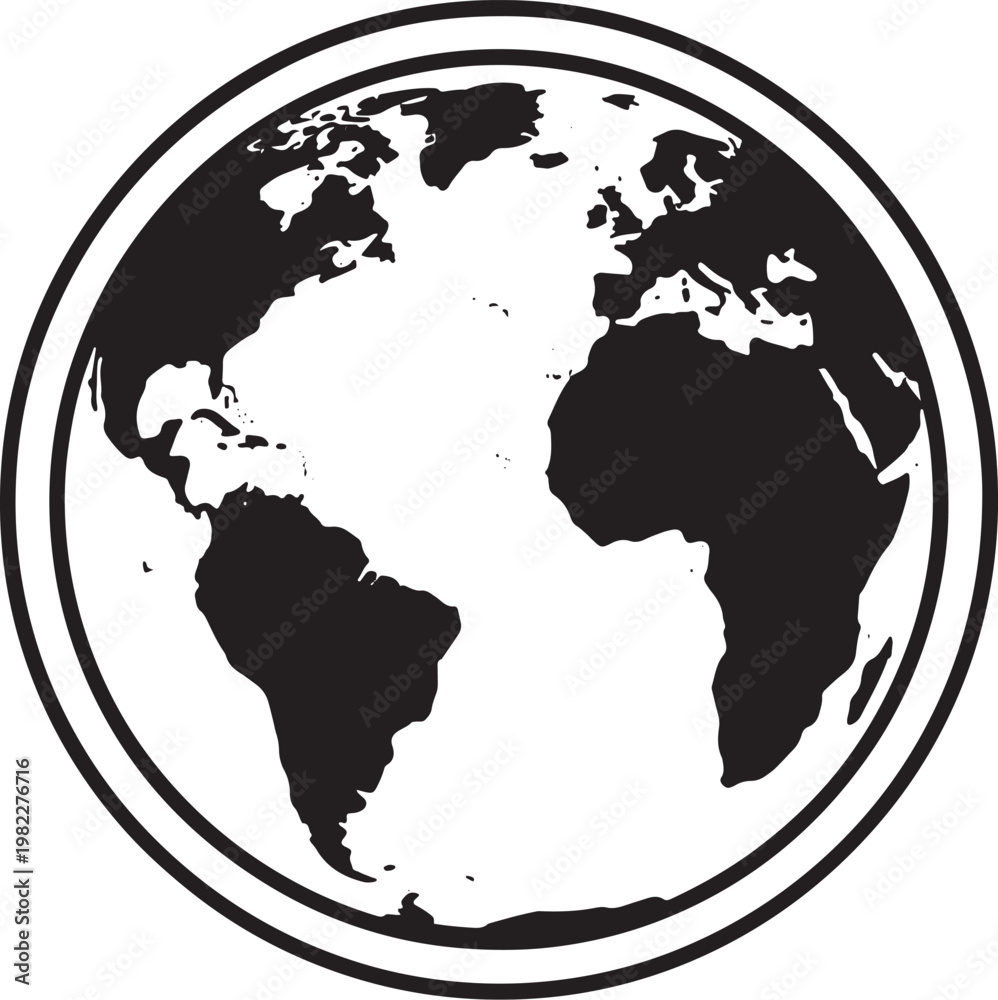 Obraz premium Black and white globe with doublelined circular border showing Americas Africa Europe world map icon