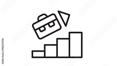 фотографія Briefcase flying above a rising bar chart with an upward arrow, representing career growth, business success, and professional advancement, minimalist black line vector icon illustration