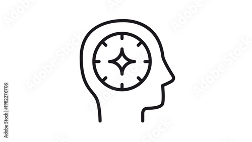 Minimalist vector icon illustration of a human head profile with a sparkling star inside a circular dial, representing mental clarity, inspiration, creative ideas, and psychological focus.
