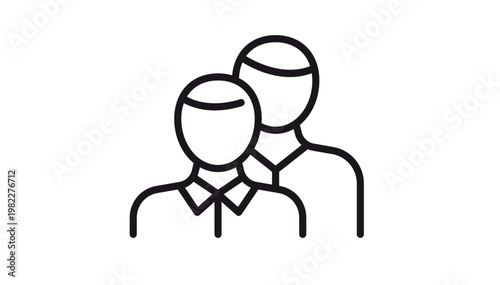 Minimalist black line vector icon illustration of two people or users standing together, representing a team, partnership, community, or group profile symbol on a white background.