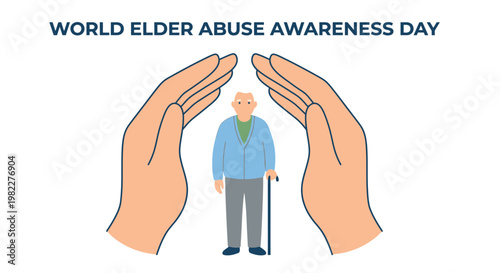 World elder abuse awareness day illustration with protective hands and senior