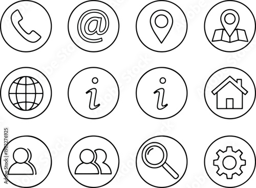 Set of black line icons for web and mobile applications  communication  navigation  information  social media  settings