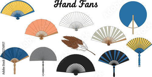Collection of hand fans in various styles, traditional and modern folding fans, decorative cooling accessories, detailed vector illustration set