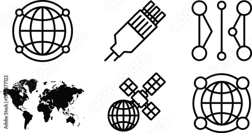 Global business network connection icons set with world map, technology, teamwork, and data flow vector illustration