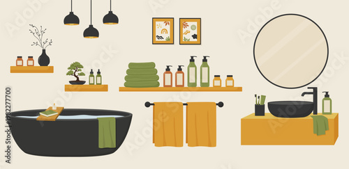 Modern Japandi bathroom furniture and spa elements set vector illustration.