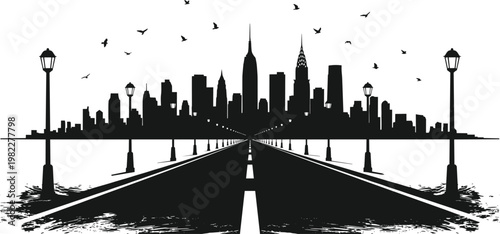 New York City skyline silhouette vector illustration with perspective road and streetlights in black and white minimalist graphic travel design