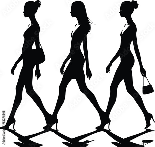 Silhouette of three women walking in high heels with handbags on white background