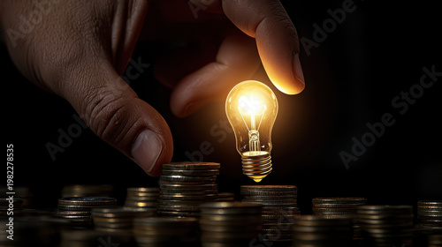 Hand holding glowing light bulb above stack of coins symbolizes innovation and investment. image conveys sense of creativity and financial growth