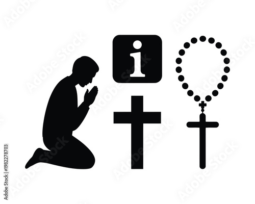 A man kneels in prayer next to a cross and rosary with an information icon