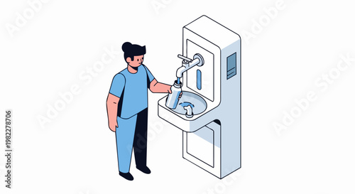Isometric Illustration of a Healthcare Worker Filling a Reusable Bottle at a Water Refill Station
