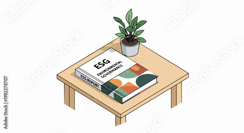 ESG Environmental Social Governance Report Book on Wooden Table with Houseplant Isometric Illustration