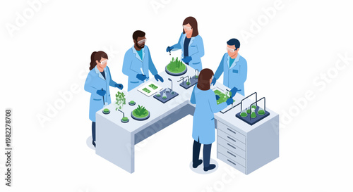Isometric Vector Illustration of Diverse Scientists Conducting Plant Research and Biotechnology Experiments in a Modern Laboratory