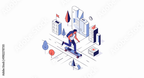 Isometric Vector Illustration of a Young Man Riding a Longboard in a Stylized Modern City, Representing Urban Mobility and Sustainable Commuting