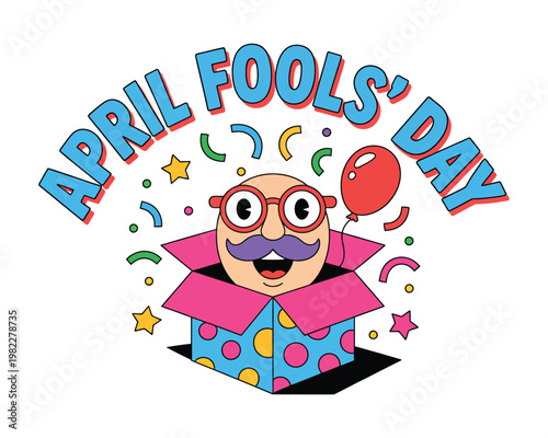 A playful cartoon character emerges from a colorful box on April Fools' Day with a joyful expression and festive confetti.