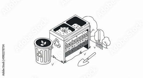 Isometric Line Art Illustration of a Garden Compost Bin with Recycling Bin and Gardening Tools for Sustainable Living and Eco-Friendly Waste Management