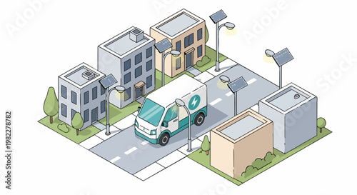 Electric Delivery Van in Sustainable Smart City Isometric Illustration with Solar Streetlights and Eco-Friendly Transport Concept