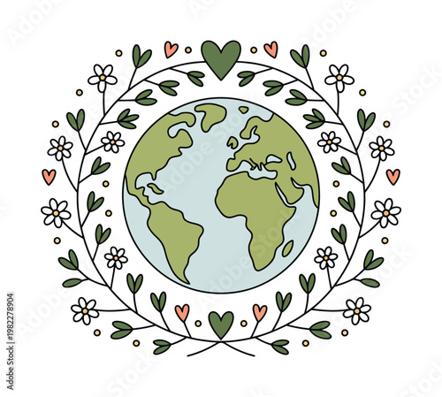 An illustration of the Earth surrounded by a wreath of flowers and hearts, symbolizing love and care for the planet.
