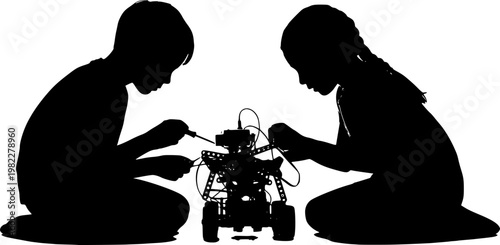 Children Building Robot for STEM Education Project Silhouette, Creative Kids Learning Technology and Engineering Vector, Playful Science and Teamwork Concept