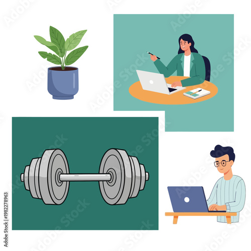 Healthy Lifestyle and Remote Work Concept: Plant, Dumbbell, and People Working on Laptops