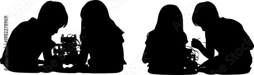 Children Building Robot for STEM Education Project Silhouette, Creative Kids Learning Technology and Engineering Vector, Playful Science and Teamwork Concept