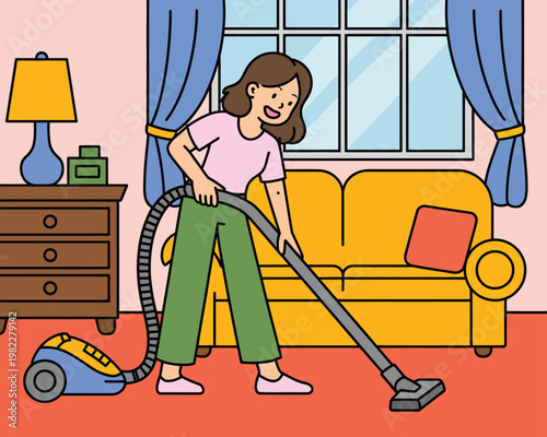 A cartoon woman vacuuming a living room with a yellow couch and red carpet