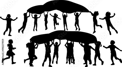 Diverse Group of Kids Playing with Parachute Silhouette, Active Children Jumping and Running in Park Vector, Childhood Joy and Outdoor Physical Education Concept