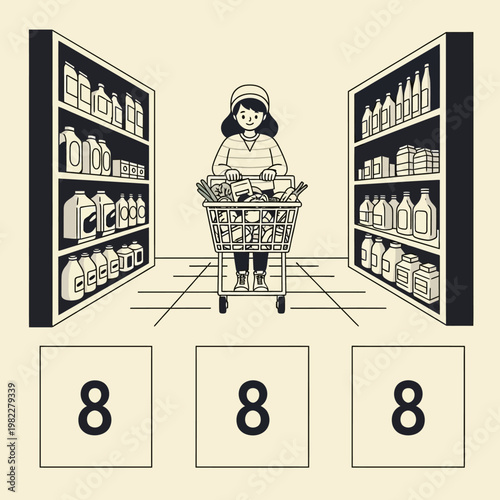 Woman Pushing Shopping Cart Full of Groceries in Supermarket Aisle