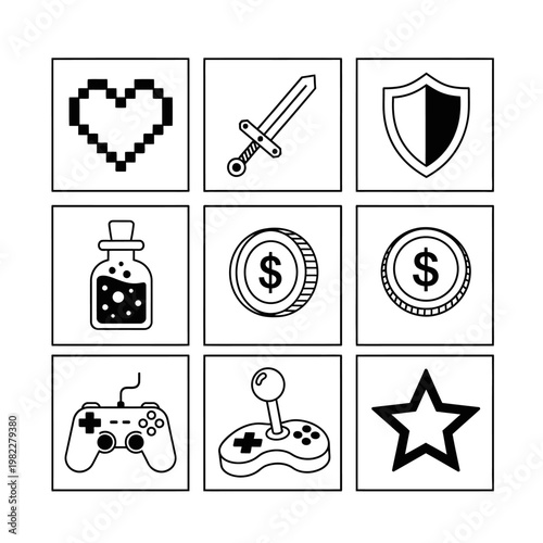 Pixel Heart, Sword, Shield, Potion, Coins, Joystick, Star Icons - Retro Game Graphics