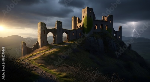 Castle ruins stand prominently atop a rugged grassy hill against a dramatic stormy sky while a bright lightning bolt flashes in the distance during a sunset.